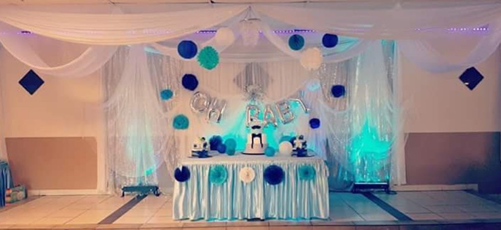 Baby shower setup in blue tones